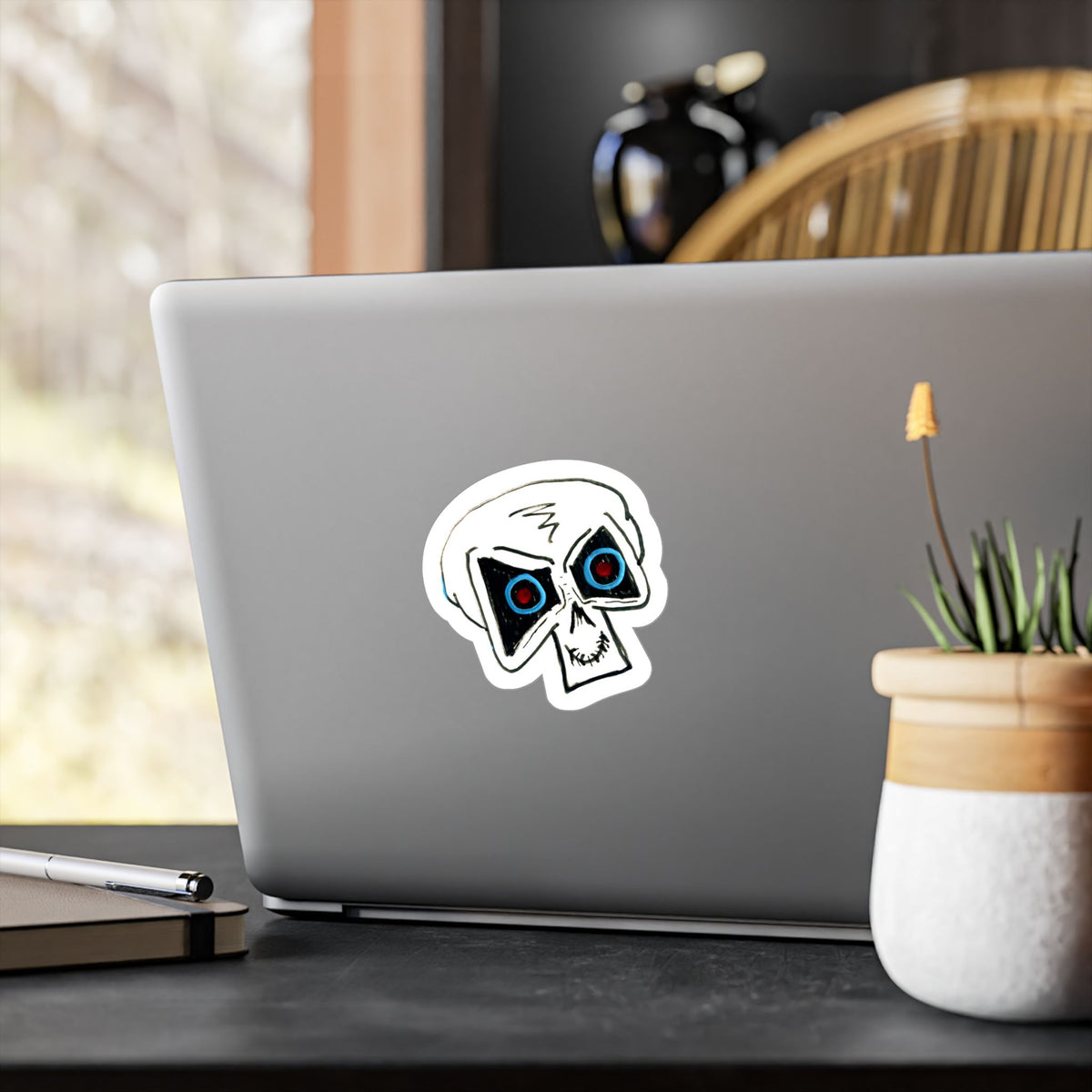 "LOCKED IN" Skull Vinyl Sticker – Kiss-Cut Decal with Blue & Red Eyes