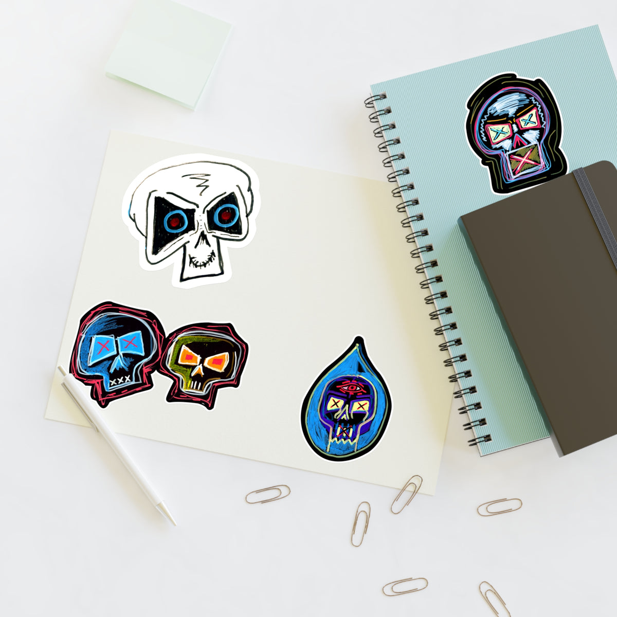 Second Set - Skull Pop Sticker Sheet — Neon Grunge Skull Face Stickers for Junk Journal