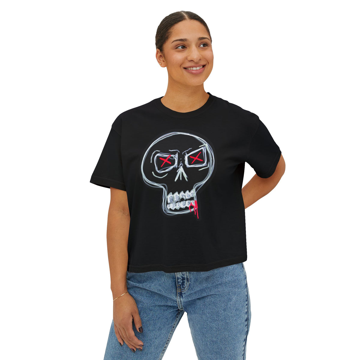 "STILL HERE" Women's Boxy Tee — Neon Sketch Skull Graphic Tee