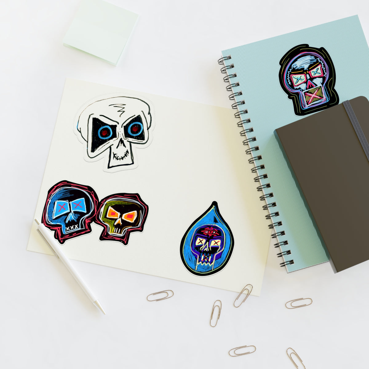 Second Set - Skull Pop Sticker Sheet — Neon Grunge Skull Face Stickers for Junk Journal