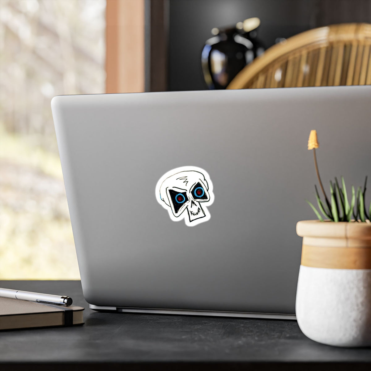 "LOCKED IN" Skull Vinyl Sticker – Kiss-Cut Decal with Blue & Red Eyes
