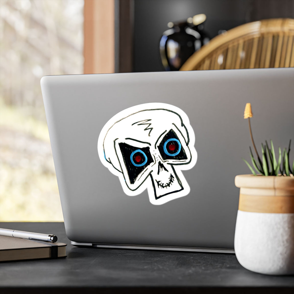 "LOCKED IN" Skull Vinyl Sticker – Kiss-Cut Decal with Blue & Red Eyes