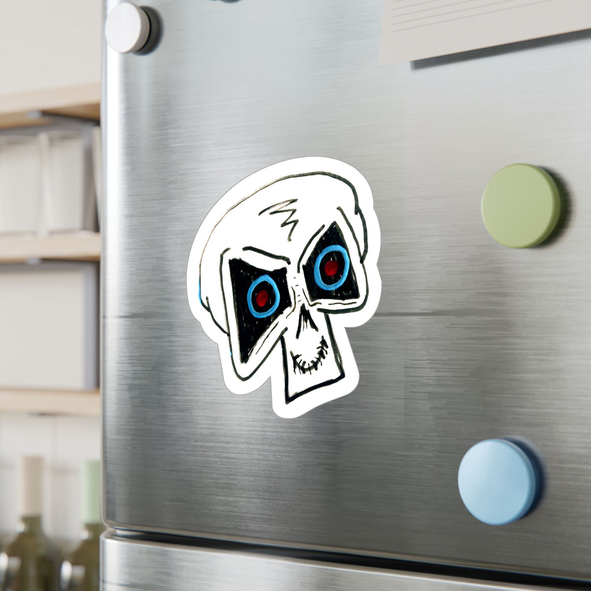 "LOCKED IN" Skull Vinyl Sticker – Kiss-Cut Decal with Blue & Red Eyes