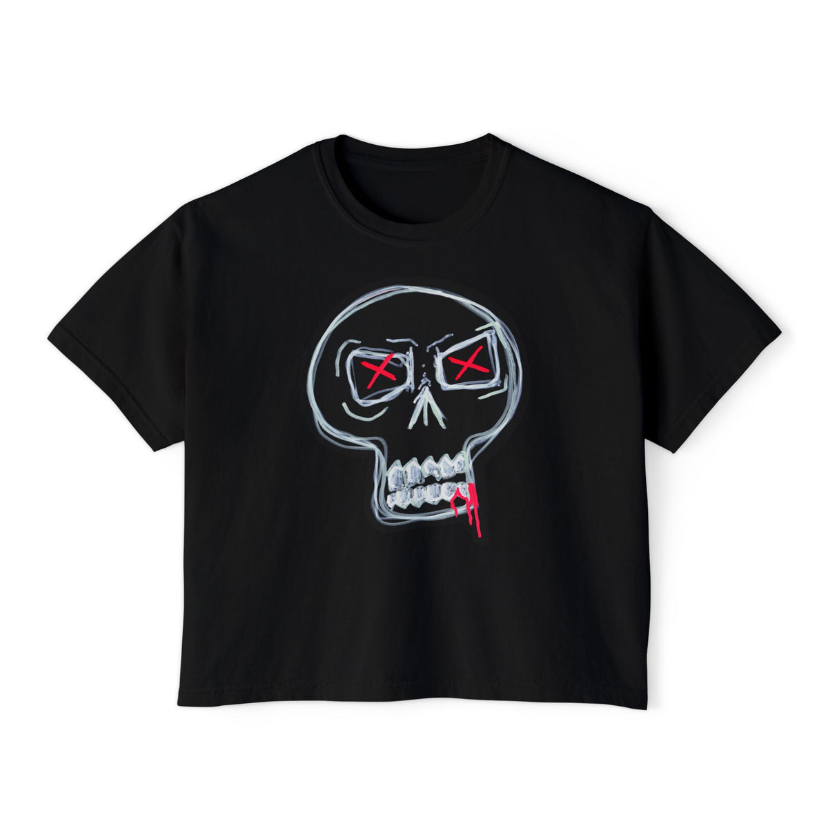 "STILL HERE" Women's Boxy Tee — Neon Sketch Skull Graphic Tee