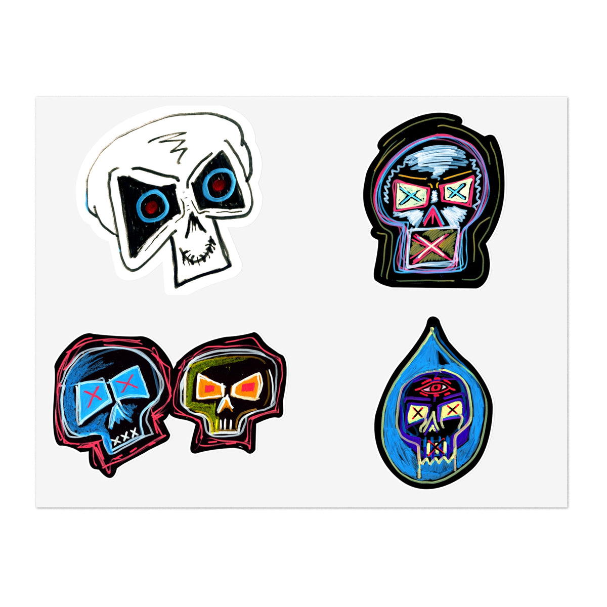 Second Set - Skull Pop Sticker Sheet — Neon Grunge Skull Face Stickers for Junk Journal