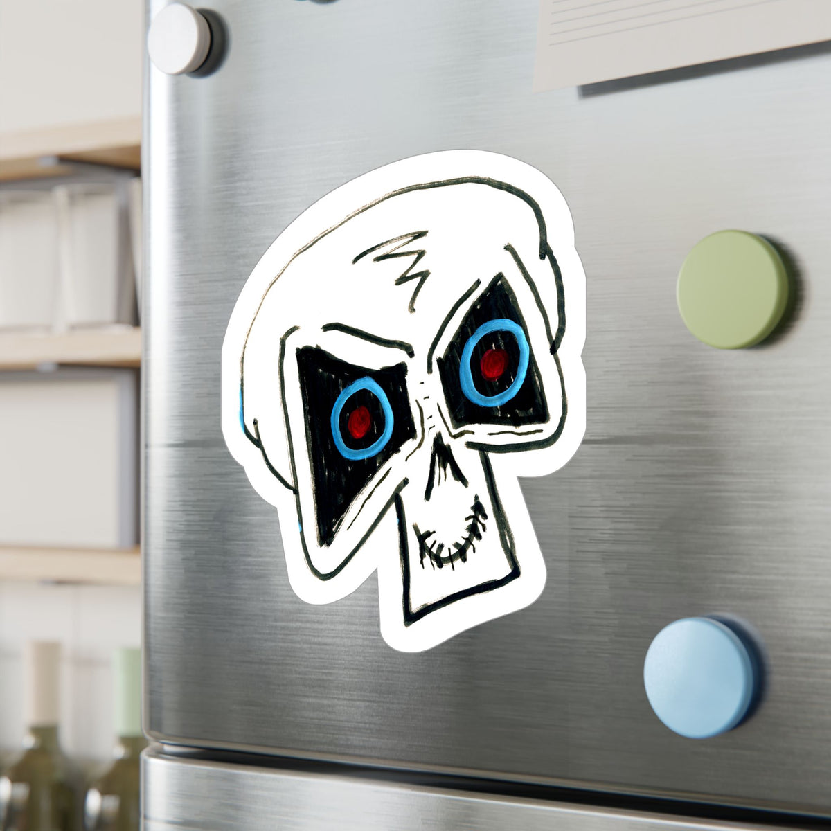 "LOCKED IN" Skull Vinyl Sticker – Kiss-Cut Decal with Blue & Red Eyes