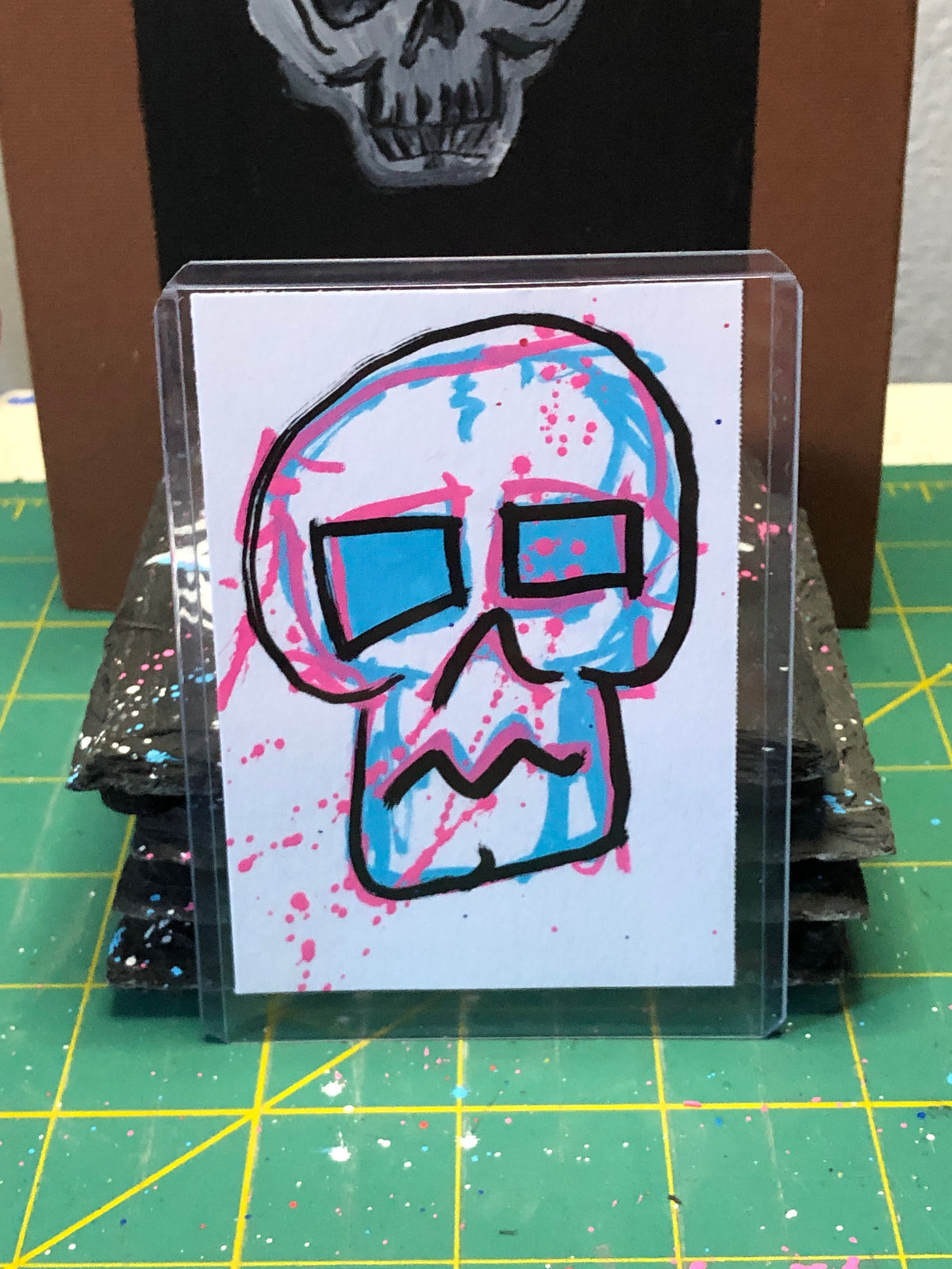 Pink & Blue Splatter Skull on White - 1 of 1 Art Cards - Collectibles
