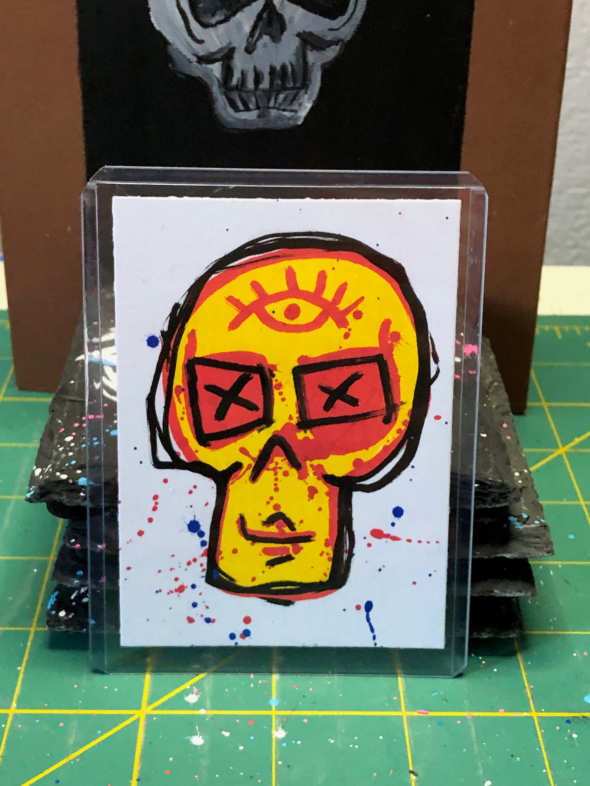 Yellow and Red Third Eye Skull on Splatter - 1 of 1 Art Cards - Collectibles