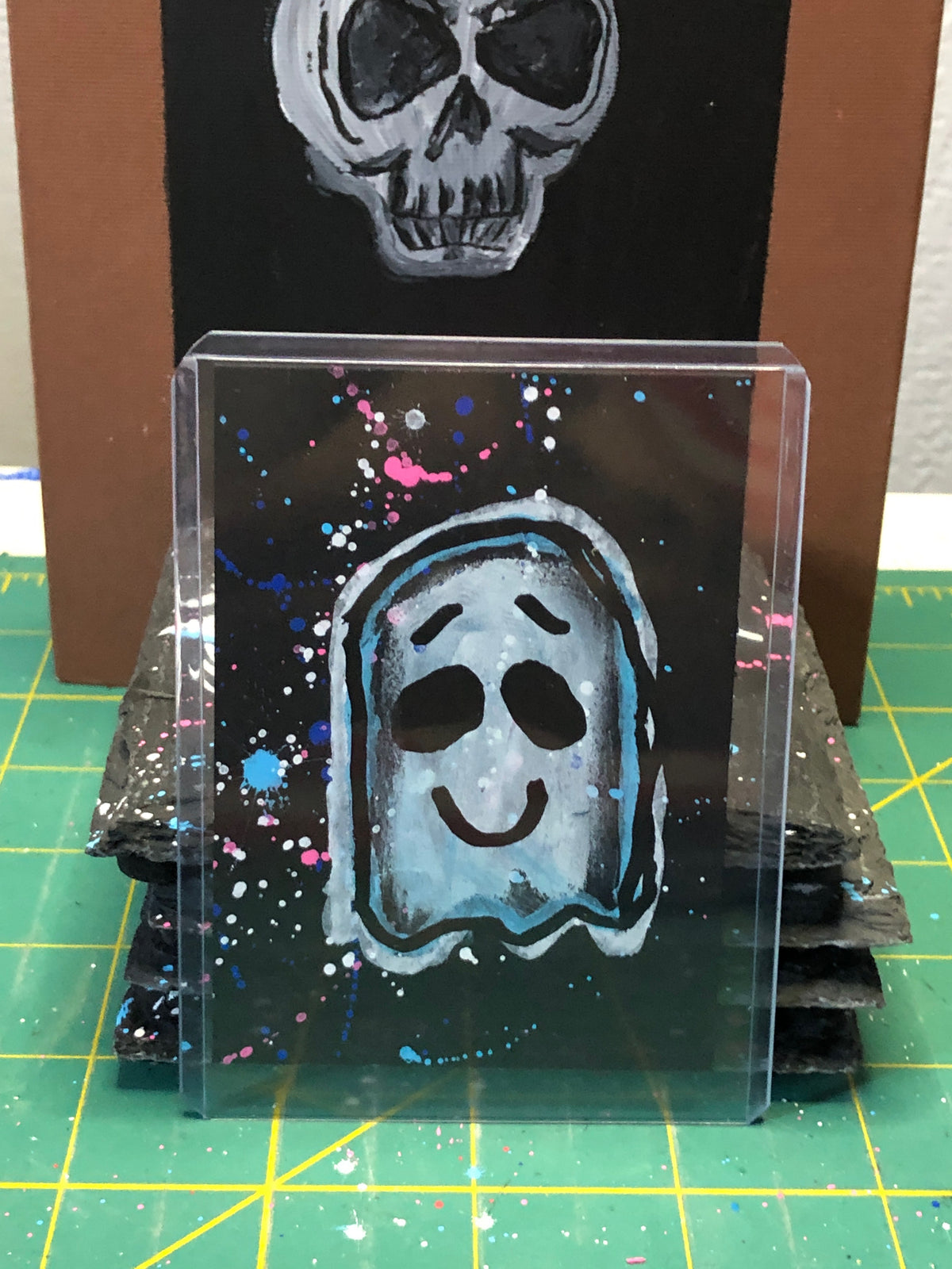 Blue and White Ghost on Splatter Black - 1 of 1 Art Cards - Collectibles