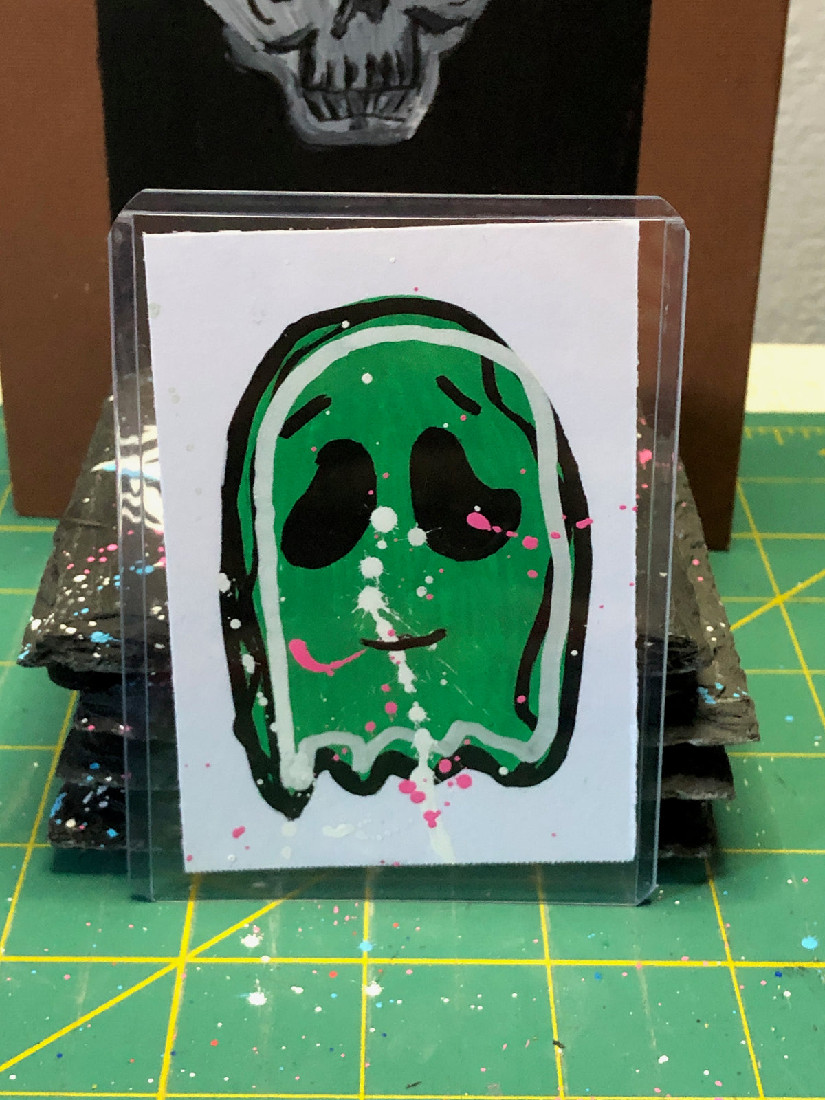 Green and White Ghost on White - 1 of 1 Art Cards - Collectibles