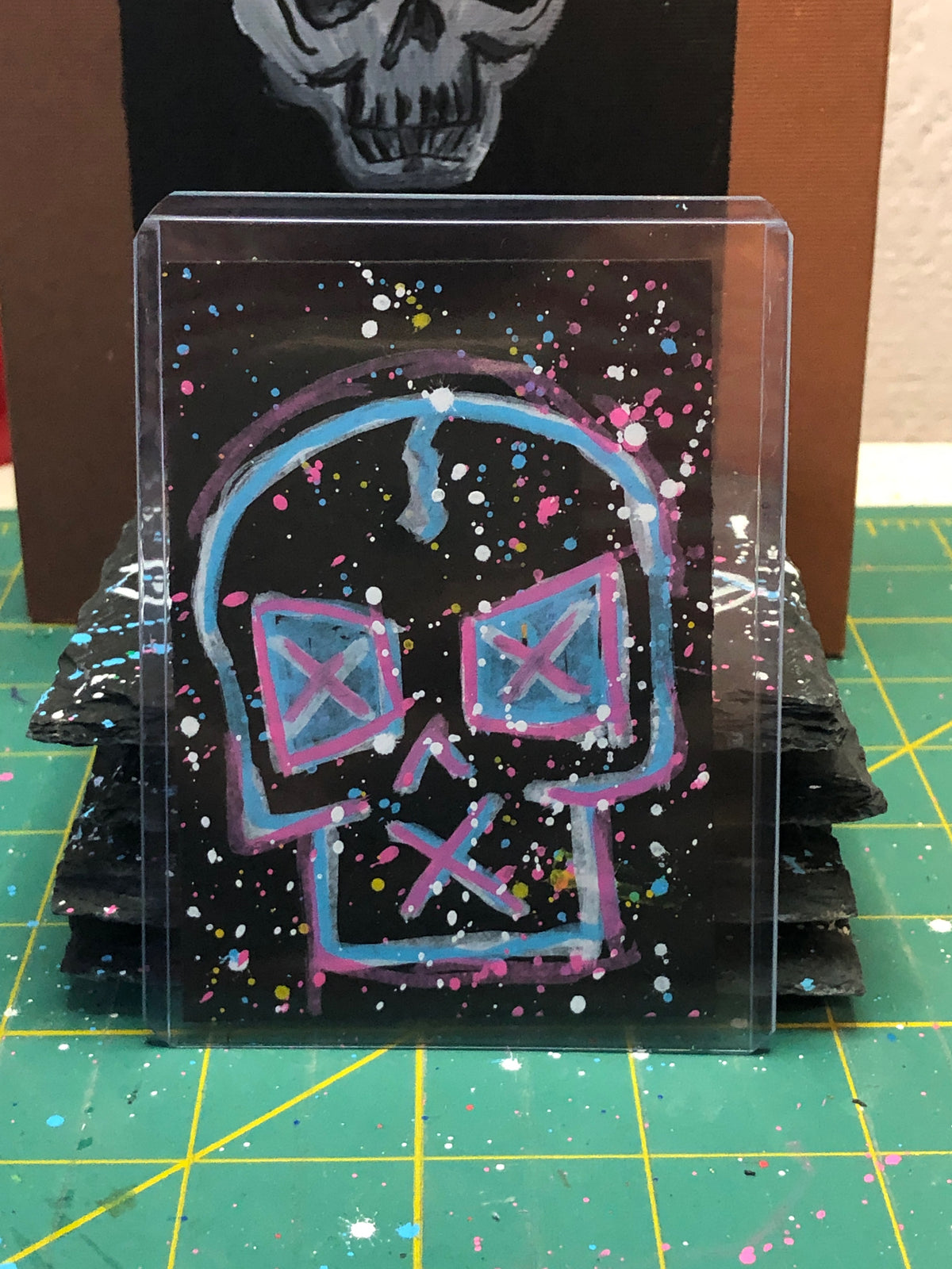 Blue and Pink Skull on Splatter Black - 1 of 1 Art Cards - Collectibles