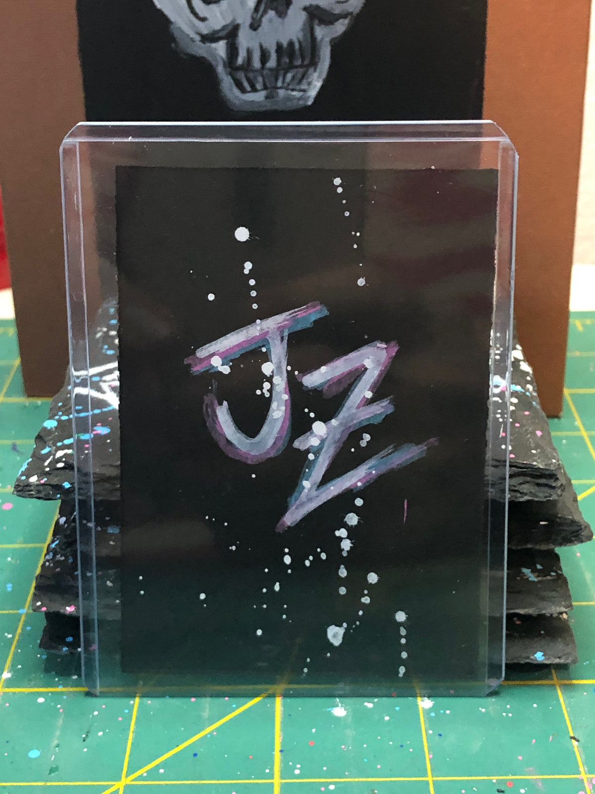 Blue and Pink Skull on Splatter Black - 1 of 1 Art Cards - Collectibles
