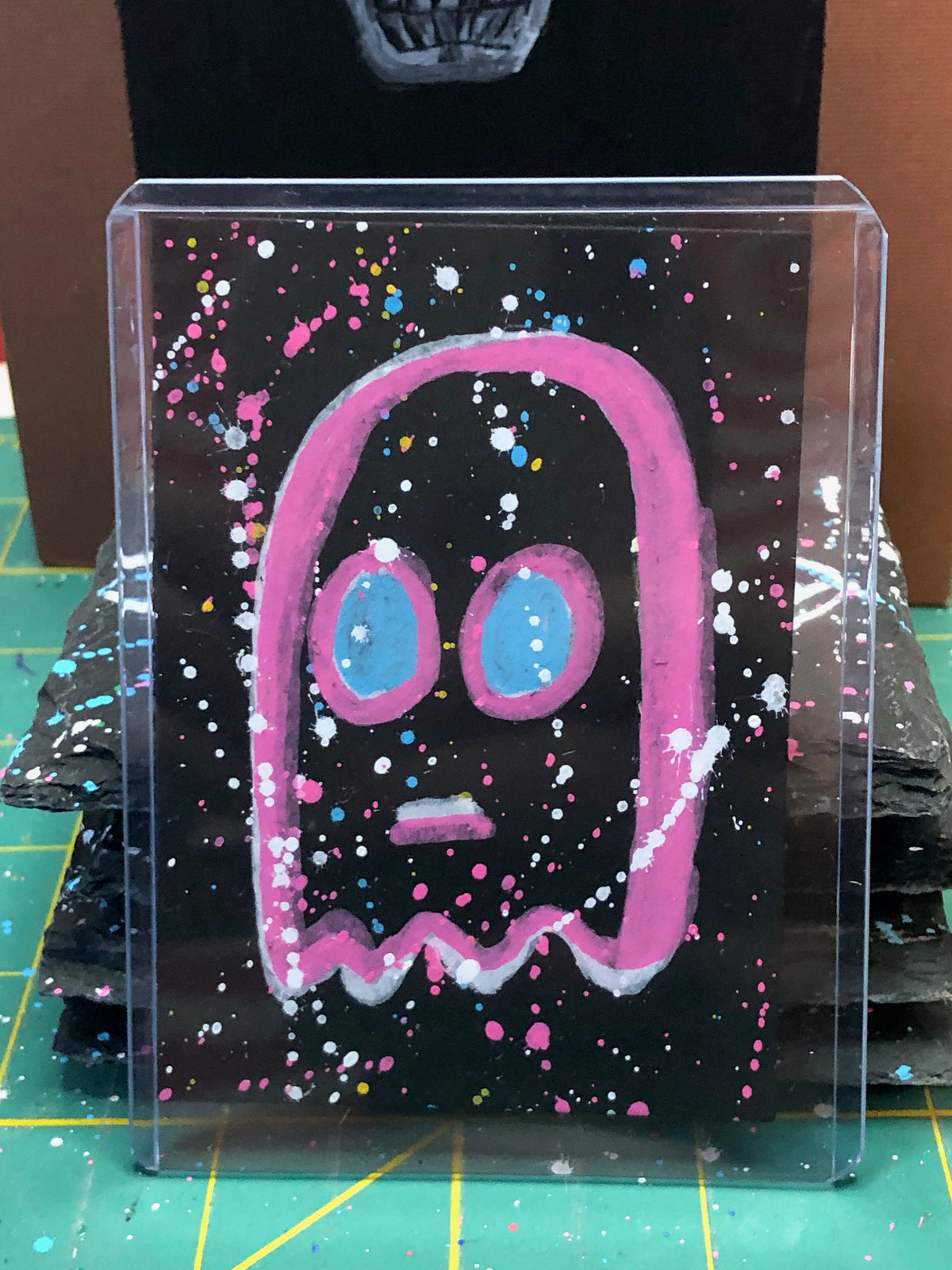 Pink Ghost with Blue Eyes on Splatter Black - 1 of 1 Art Cards - Collectibles