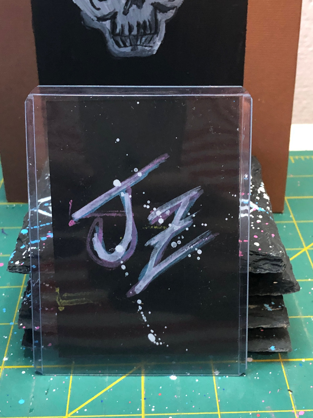 Pink Ghost with Blue Eyes on Splatter Black - 1 of 1 Art Cards - Collectibles